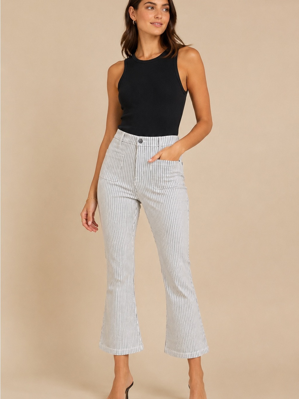 FRAME Le Bardot Crop Flare Pinstripe Jeans Blanc Multi Size 29